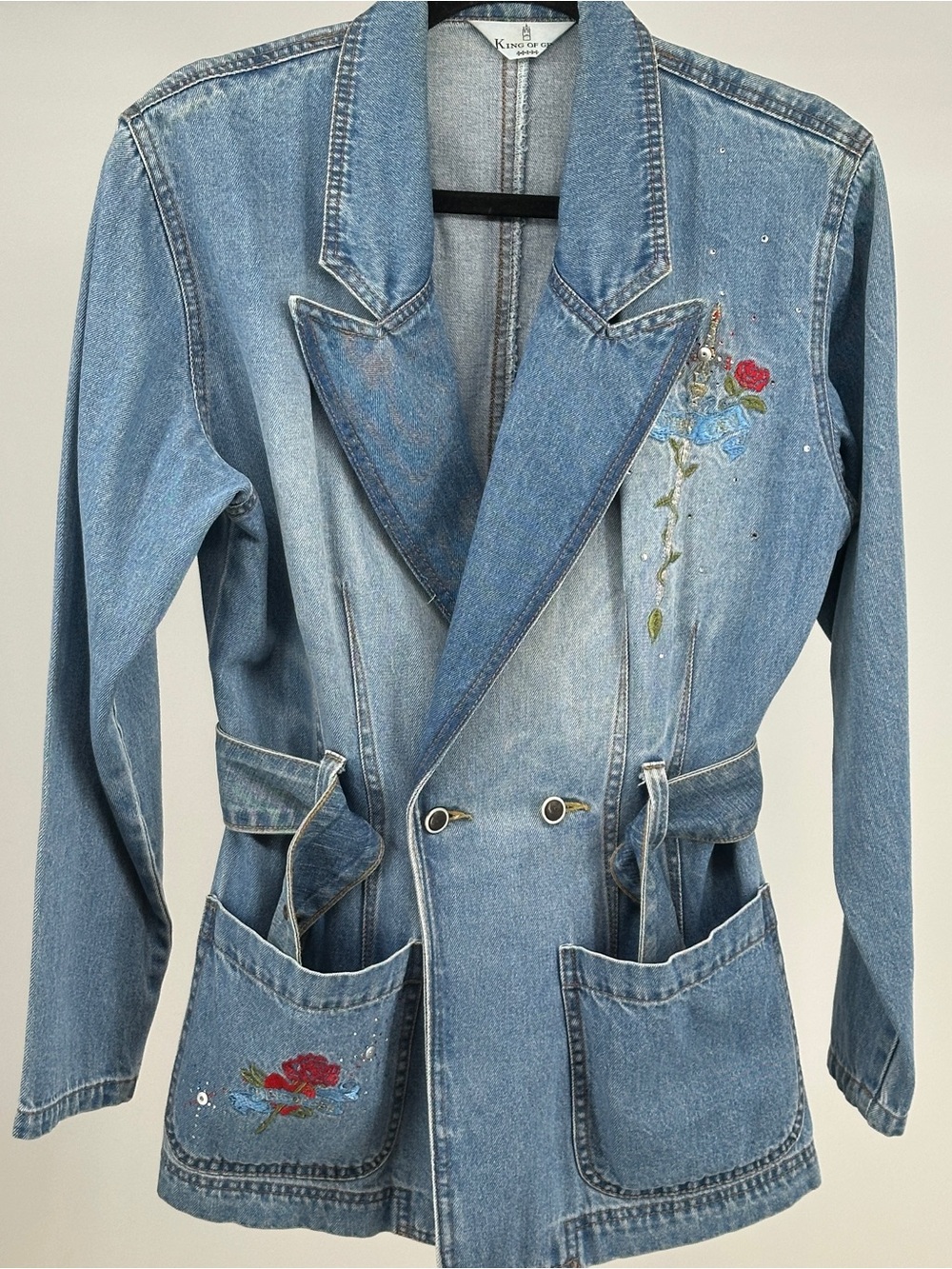Vintage Medium Denim Embroidered Double-Breasted Embroidered Bedazzled Jacket